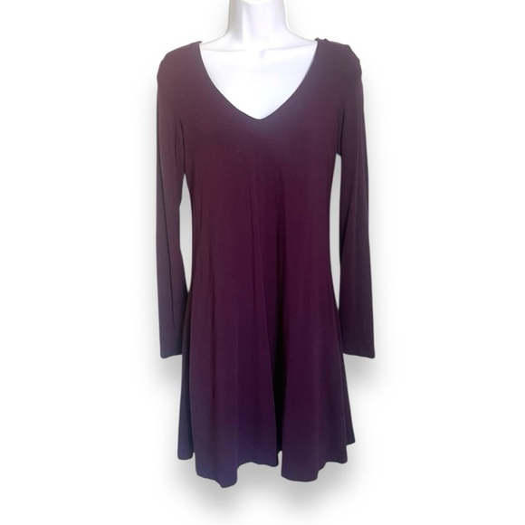 Express Dark Purple Long Sleeve Fit & Flare Mini Dress | V-Neck Style - Picture 4 of 4